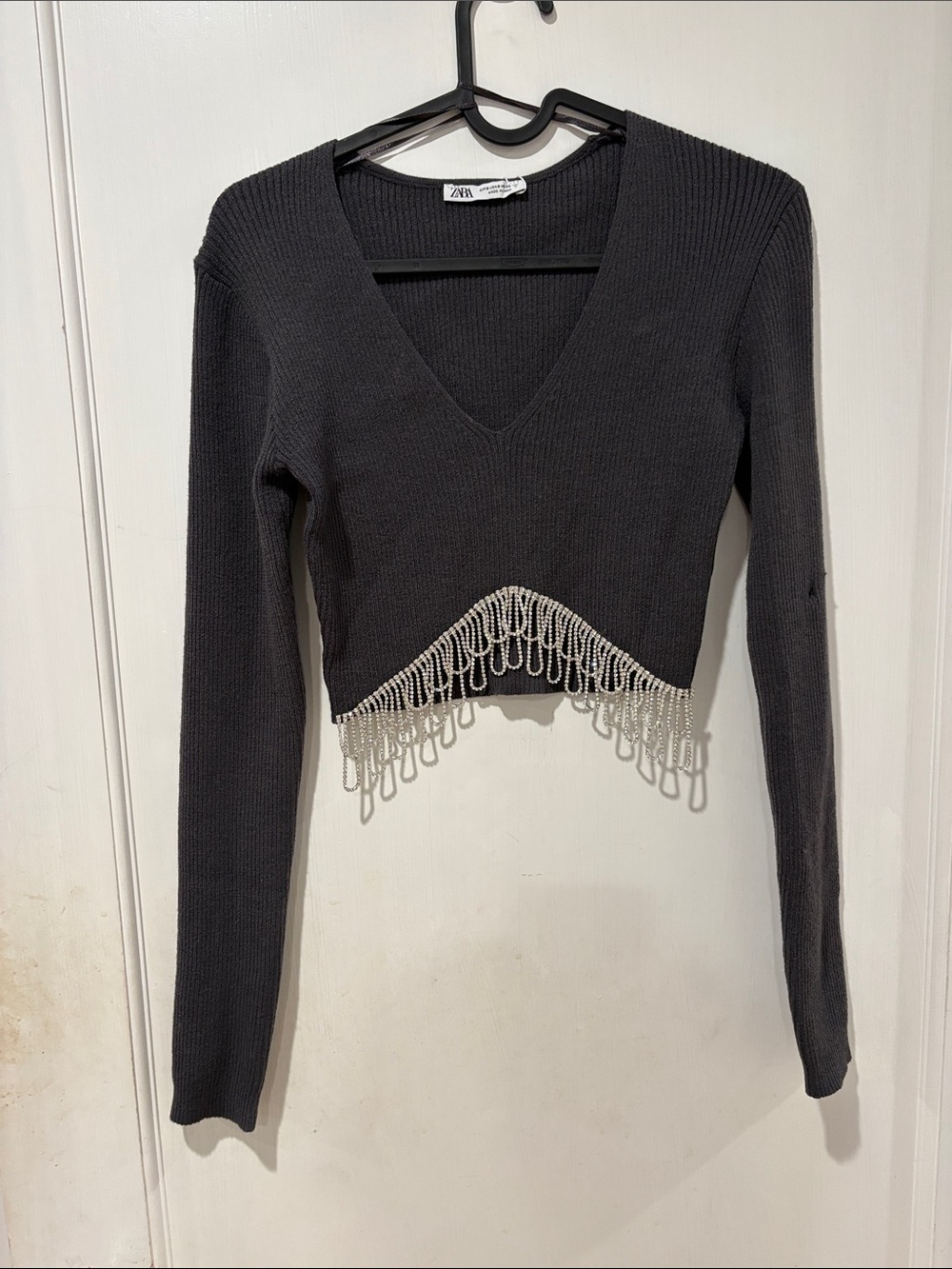 Zara Black Cropped V-Neck Sweater with Silver Fringe